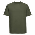 A plain olive green T-shirt by Russell, model J180M, displayed against a white background.