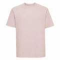 The J180M by Russell is showcased against a white backdrop, featuring a minimalist style in light pink. It boasts a classic cut with short sleeves and a round neckline.