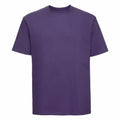 A plain, solid purple, short-sleeve crew neck T-shirt from Russell, model J180M.