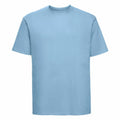 The Russell J180M, a plain light blue t-shirt featuring a crew neck, is displayed against a white background.