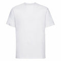 A plain white T-shirt from the Russell J180M collection, featuring short sleeves and a round neckline, displayed against a white background.