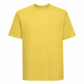 A plain short-sleeved T-shirt in yellow with a crew neckline, labeled J180M from the Russell brand, displayed against a white background.