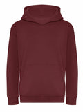 A maroon hoodie by AWDis Just Hoods, featuring a front pocket and a hood. The product name is J201J.