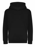 The AWDis Just Hoods J201J features a simple and casual design, characterized by its plain black hue, front pocket, and hood. The garment is showcased against a white background.