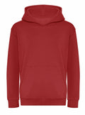 Product J201J from AWDis Just Hoods is a solid red hoodie featuring a front pocket and a hood. The design is minimalist with no visible logos or patterns, and it seems to be crafted from soft fabric.