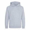 A light gray hooded sweatshirt, AWDis Just Hoods J201J, featuring long sleeves and a front pocket, displayed on a plain white background.