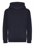 The J201J by AWDis Just Hoods is showcased on a white background, highlighting its classic design. This plain black hoodie features a front pocket, drawstring hood, long sleeves, and offers a relaxed fit perfect for casual occasions.