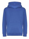 A plain blue J201J hoodie from AWDis Just Hoods, featuring a front pocket and hood, displayed on a white background. The design is simple and casual, perfect for everyday wear.
