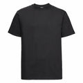 A plain black T-shirt, model J215M by Russell, featuring short sleeves and a round neckline, is displayed against a white background. The fabric looks smooth and unadorned, making it perfect for casual wear.