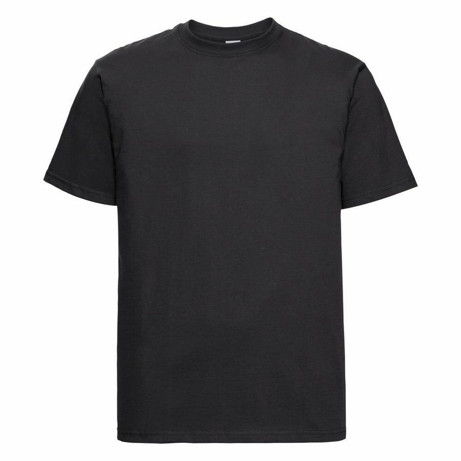 A plain black T-shirt, model J215M by Russell, featuring short sleeves and a round neckline, is displayed against a white background. The fabric looks smooth and unadorned, making it perfect for casual wear.