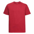A plain red T-shirt, model J215M by Russell, featuring short sleeves and a round neckline, is displayed against a white background. The fabric looks smooth and unadorned, making it perfect for casual wear.