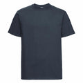 A plain dark gray T-shirt, model J215M by Russell, featuring short sleeves and a round neckline, is displayed against a white background. The fabric looks smooth and unadorned, making it perfect for casual wear.