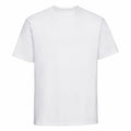 The Russell J215M T-shirt is displayed against a minimalistic backdrop. This short-sleeved shirt, featuring a crew neck, highlights its clean and straightforward design.