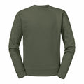 The J262M by Russell is a plain olive green crewneck sweatshirt with long sleeves, displayed against a white background. The fabric looks soft and smooth, featuring ribbed cuffs and a ribbed hem.