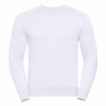 The Russell J262M features a plain white long-sleeve sweatshirt with ribbed cuffs and a crew neckline, displayed against a white background.