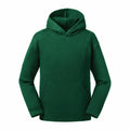 Russell's J265B features a green hooded sweatshirt with long sleeves and a front kangaroo pocket, showcased against a plain white background.