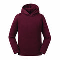 A maroon hoodie, model J265B from the brand Russell, features a large front pocket and a hood. Set against a white background, it has long sleeves and offers a relaxed fit perfect for casual wear.
