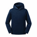 A plain navy blue hoodie, featuring a front pouch pocket and long sleeves, laid flat against a white background with the hood up, from the Russell brand's J265B product line.