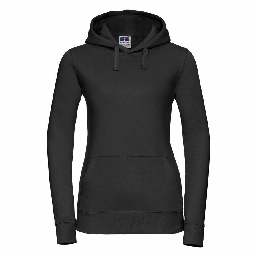 A front view of the J265F, a basic black hoodie with a front pocket and drawstring hood, by Russell.