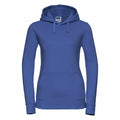 Russell J265F blue hooded sweatshirt featuring a front pocket and drawstrings.