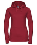 A Russell J265F hoodie featuring a solid red color, long sleeves, and a front pocket.