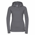 A Russell J265F hoodie in gray, featuring a front pocket and drawstring hood, showcased against a white background.