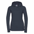 The Russell J265F is a dark gray hoodie that showcases a minimalist design, complete with a front pocket and drawstring hood. It features long sleeves and offers a comfortable fit, making it ideal for casual wear.