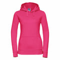 A vibrant pink Russell hoodie, model J265F, featuring a front pocket and drawstring hood, showcased on a plain background.