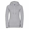 The Russell J265F, a plain gray hoodie featuring a front pocket and drawstring hood, is showcased against a white background. It includes long sleeves and boasts a simple, casual design.