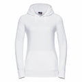 The Russell J265F is a plain white hoodie featuring a front pocket and drawstring hood, shown on a white background.