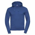 The Russell J265M is a plain blue hoodie featuring a drawstring hood and a front pocket.