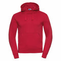 A Russell J265M hooded sweatshirt in red, featuring a front pocket and drawstring hood, displayed against a white background. The hoodie showcases a minimalist design without visible logos or patterns.