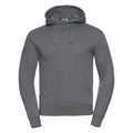 The J265M hoodie by Russell is a simple gray sweatshirt featuring a hood, front pocket, and drawstrings, set against a white background.