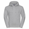 The Russell J265M features a plain gray design with long sleeves, adjustable drawstrings, and a front pocket, showcased against a white background.