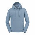 A blue Russell hooded sweatshirt, model J265M, complete with a front pocket and drawstrings.