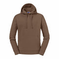 Russell's J265M is a brown hooded sweatshirt that includes long sleeves and a front pocket, featuring an adjustable drawstring around the hood.