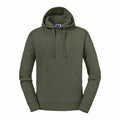 A hoodie in olive green featuring a front pocket and drawstring hood, known as the Russell J265M.