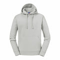 A plain light gray hoodie from Russell, model J265M, featuring a front pocket and drawstrings on the hood. The hoodie offers long sleeves and a relaxed fit.