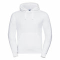 The J265M, a plain white hooded sweatshirt from the Russell brand, features long sleeves and a front pocket. It includes drawstrings on the hood and is showcased in pristine condition against a simple background.