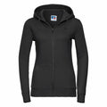 Russell's J266F hoodie, featuring a black zip-up design with a drawstring hood and front pockets, is displayed on a white background.