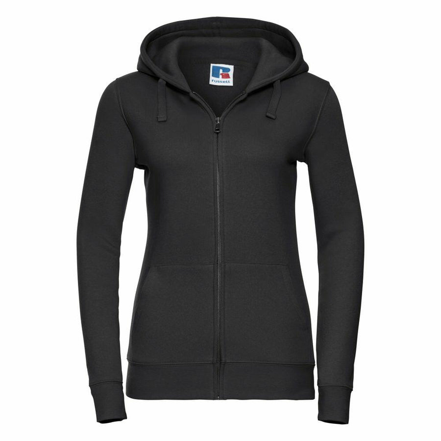 Russell's J266F hoodie, featuring a black zip-up design with a drawstring hood and front pockets, is displayed on a white background.