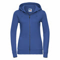 Russell's J266F is a blue zip-up hoodie featuring a drawstring hood and front pockets.