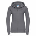 The Russell J266F is a gray zip-up hoodie featuring a front pocket, hood, and drawstrings at the neck. It boasts a plain design.