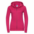 Introducing the Russell J266F, a vibrant pink zip-up hoodie equipped with a hood and drawstrings, showcasing a subtle logo on the chest. Displayed against a white backdrop, it emphasizes its casual and sporty appeal.