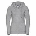 A Russell J266F gray zip-up hoodie, featuring pockets and a drawstring hood, showcased on a plain white background.