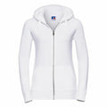 The Russell J266F is a plain white zip-up hoodie featuring a front pocket and a hood, complete with a small logo on the upper chest area.