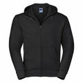 Russell's J266M is a black hoodie featuring a zipper front, a convenient pocket, and an attached hood.