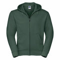 A plain green zip-up hoodie from Russell, featuring a drawstring hood and front pockets, model J266M.