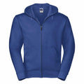 The Russell J266M is a plain blue zip-up hoodie featuring a hood and front pockets, showcased against a white background.