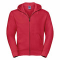 The Russell J266M is a vibrant red zip-up hoodie featuring a front pocket and drawstrings, offering a sleek design without any extra patterns or graphics.